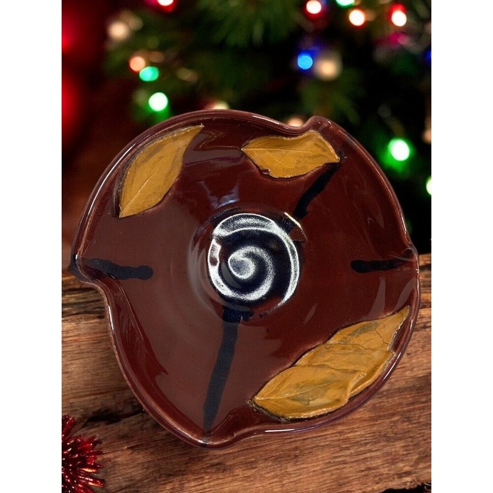 Handcrafted Brown Orange Ceramic Decorative Bowl Leaf Design Studio Pottery Art